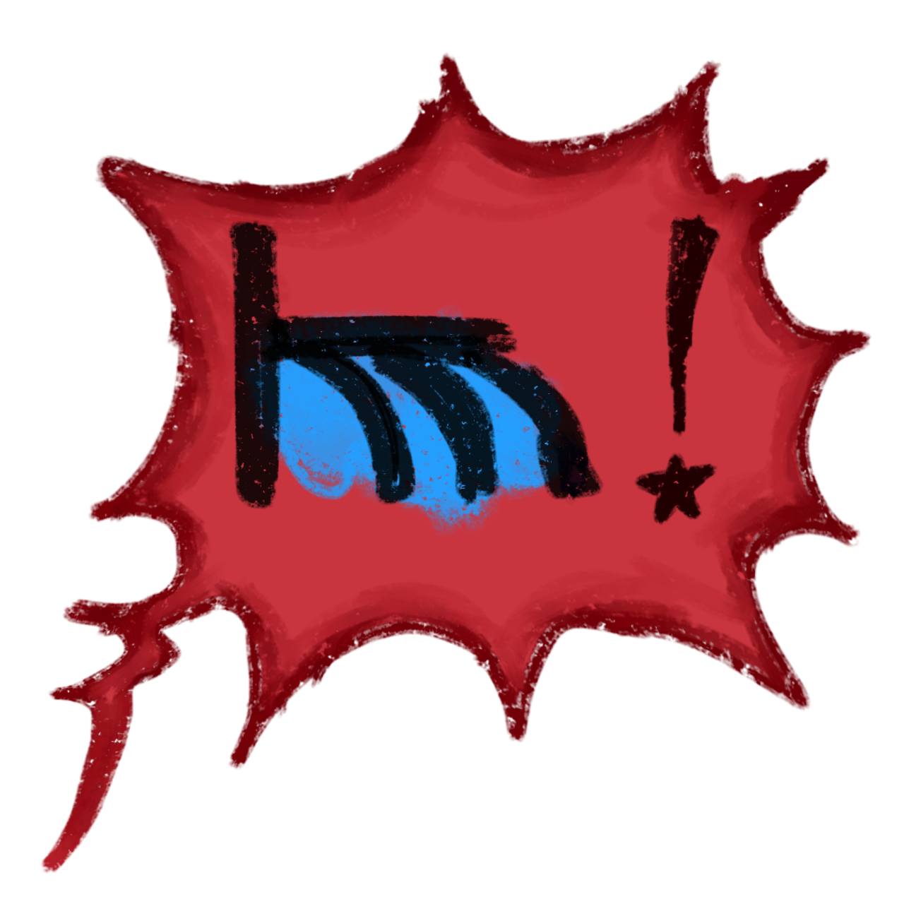 a dam with a black exclamation point. The dam is black with blue water flowing over it, in a red spiky speech bubble.